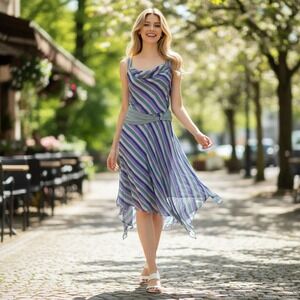 Philip DiCaprio 100% Silk Midi Dress Chiffon Purple Blue Striped Y2K Fairy - 10